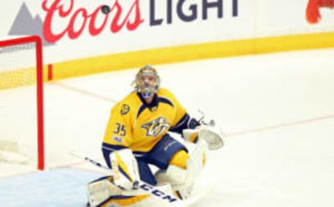 Nashville Predators goalie Pekka Rinne (35) follows the puck in play (Aaron Doster-USA TODAY Sports)