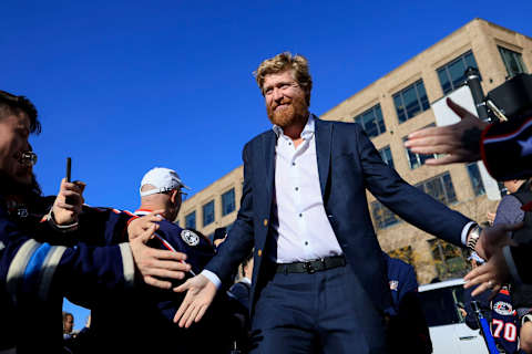 Oct 14, 2022; Columbus, Ohio, USA; Columbus Blue Jackets right wing Jakub Voracek (93) high-fives fans as he walks the Blue Carpet prior to the game against the Tampa Bay Lightning at Nationwide Arena. Mandatory Credit: Aaron Doster-USA TODAY Sports