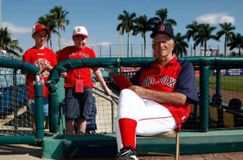 FT. MYERS, FL – MARCH 2: Boston Red Sox legend Johnny Pesky signs some autographs prior to the game against the Minnesota Twins on March 2, 2008 at City of Palms Park in Ft. Myers, Florida. (Photo by J. Meric/Getty Images)