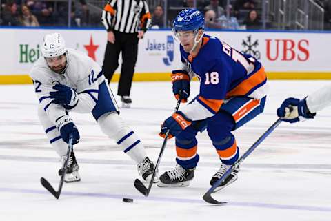 Mar 21, 2023; Elmont, New York, USA; New York Islanders left wing Pierre Engvall (18)  Mandatory Credit: Dennis Schneidler-USA TODAY Sports