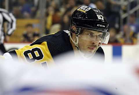 May 9, 2022; Pittsburgh, Pennsylvania, USA; Pittsburgh Penguins center Sidney Crosby (87) prepares to take a face-off against the New York Rangers during the second period in game four of the first round of the 2022 Stanley Cup Playoffs at PPG Paints Arena. Mandatory Credit: Charles LeClaire-USA TODAY Sports