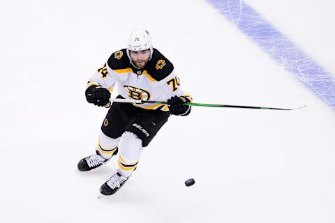 TORONTO, ONTARIO – AUGUST 09: Jake DeBrsk #74 of the Boston Bruins skates with the puck against the Washington Capitals during the second period in an Eastern Conference Round Robin game during the 2020 NHL Stanley Cup Playoffs at Scotiabank Arena on August 09, 2020, in Toronto, Ontario, Canada. (Photo by Andre Ringuette/Freestyle Photo/Getty Images)