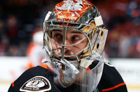 ANAHEIM, CA – OCTOBER 30: John Gibson #36 of the Anaheim Ducks skates in warm-ups prior to the game against the Philadelphia Flyers on October 30, 2018, at Honda Center in Anaheim, California. (Photo by Debora Robinson/NHLI via Getty Images)