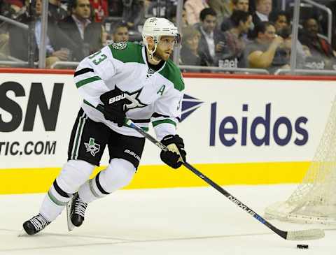 Nov 19, 2015; Washington, DC, USA; Dallas Stars defenseman Alex Goligoski (33) skates with the puck against the Washington Capitals during the first period at Verizon Center. Mandatory Credit: Brad Mills-USA TODAY Sports