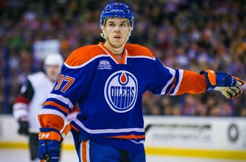 Mar 12, 2016; Edmonton, Alberta, CAN; Edmonton Oilers center Connor McDavid (97) reacts during the first period against the Arizona Coyotes at Rexall Place. Mandatory Credit: Sergei Belski-USA TODAY Sports