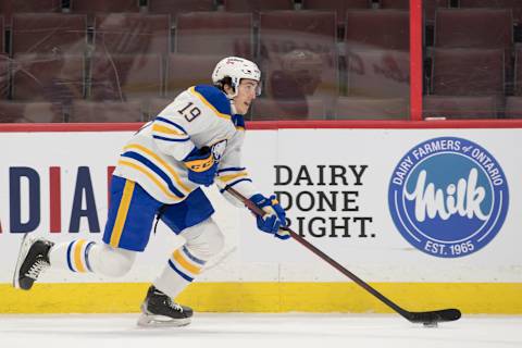 Jan 25, 2022; Ottawa, Ontario, CAN; Buffalo Sabres center Peyton Krebs (19) skates with the puck in the second period against the Ottawa Senators at the Canadian Tire Centre. Mandatory Credit: Marc DesRosiers-USA TODAY Sports