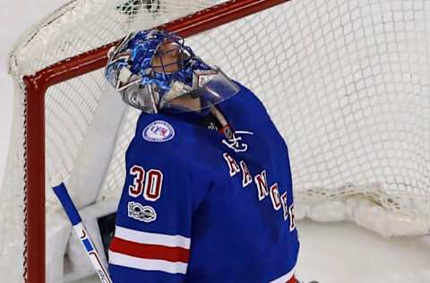 May 9, 2017; New York, NY, USA; New York Rangers goalie Henrik Lundqvist (30) reacts after giving up a goal to Ottawa Senators defenseman Erik Karlsson during the second period in game six of the second round of the 2017 Stanley Cup Playoffs at Madison Square Garden. Mandatory Credit: Adam Hunger-USA TODAY Sports