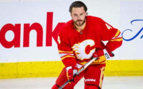 Nov 1, 2023; Calgary, Alberta, CAN; Calgary Flames defenseman Rasmus Andersson (4) skates during the warmup period against the Dallas Stars at Scotiabank Saddledome. Mandatory Credit: Sergei Belski-USA TODAY Sports