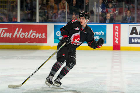 KELOWNA, BC – JANUARY 16: Brayden Tracey #7 of the Moose Jaw Warriors skates against the Kelowna Rockets at Prospera Place on January 16, 2019 in Kelowna, Canada. (Photo by Marissa Baecker/Getty Images)