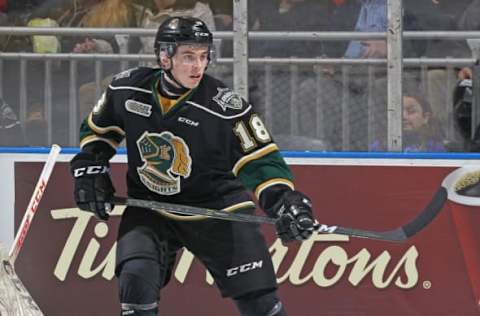 LONDON, ON – MARCH 9: Liam Foudy #18 of the London Knights skates against the Guelph Storm during an OHL game at Budweiser Gardens on March 9, 2017 in London, Ontario, Canada. The Knights defeated the Storm 8-2. (Photo by Claus Andersen/Getty Images)