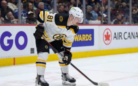 VANCOUVER, CANADA – FEBRUARY 25: oDmitry Orlov #81 of the Boston Bruins waits for a face-off during the first period f their NHL game against the Vancouver Canucks at Rogers Arena on February 25, 2023 in Vancouver, British Columbia, Canada. (Photo by Derek Cain/Getty Images)