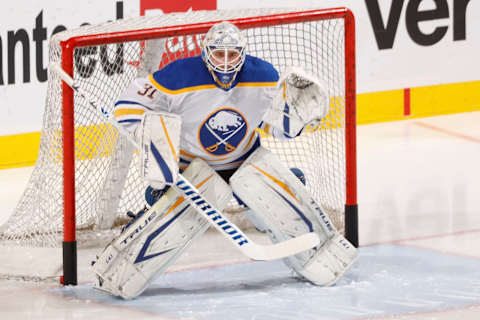 SUNRISE, FL – APRIL 8: Goaltender Dustin Tokarski #31 of the Buffalo Sabres warms up prior to the game against the Florida Panthers at the FLA Live Arena on April 8, 2022 in Sunrise, Florida. (Photo by Joel Auerbach/Getty Images)