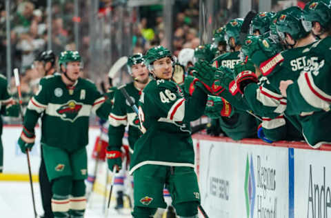 ST. PAUL, MN – MARCH 16: Jared Spurgeon #46 of the Minnesota Wild is congratulated after scoring a power-play goal in the second period against the New York Rangers on March 16, 2019, at Xcel Energy Center in St. Paul, Minnesota. The Minnesota Wild defeated the New York Rangers 5-2. (Photo by David Berding/Icon Sportswire via Getty Images)