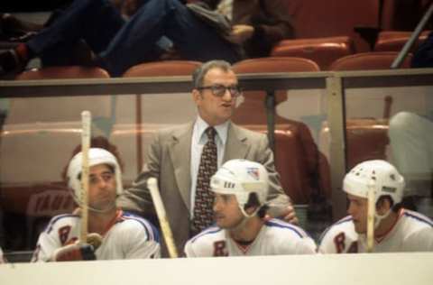 NEW YORK, NY – OCTOBER, 1978: Head coach Fred Shero of the New York Rangers looks on from the bench during an NHL game in October, 1978 at the Madison Square Garden in New York, New York. (Photo by B Bennett/Getty Images)