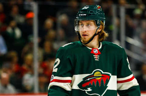 ST. PAUL, MN – OCTOBER 24: Minnesota Wild center Justin Kloos (82) looks on before the faceoff. Kloos made his NHL debut during the Western Conference game between the Vancouver Canucks and the Minnesota Wild on October 24, 2017, at Xcel Energy Center in St. Paul, Minnesota. The Canucks defeated the Wild 1-0. (Photo by David Berding/Icon Sportswire via Getty Images)