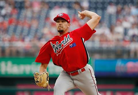 WASHINGTON, DC – JULY 15: Pitcher Lewwis Thorpe #36 of the Minnesota Twins and the World Team works the fourth inning against the U.S. Team during the SiriusXM All-Star Futures Game at Nationals Park on July 15, 2018 in Washington, DC. (Photo by Patrick McDermott/Getty Images)