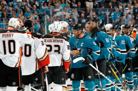 SAN JOSE, CA – APRIL 18: The San Jose Sharks shake hands with the Anaheim Ducks after the Sharks sweep the Ducks to win the Western Conference First Round in Game Four of the 2018 NHL Stanley Cup Playoffs on April 18, 2018. (Photo by Scott Dinn/NHLI via Getty Images)