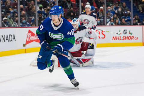 Dec 14, 2021; Vancouver, British Columbia, CAN; Vancouver Canucks forward Elias Pettersson (40) skates against the Columbus Blue Jackets in the third period at Rogers Arena. Vancouver Won 4-3. Mandatory Credit: Bob Frid-USA TODAY Sports