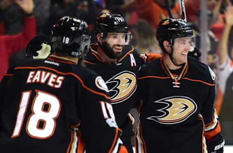 ANAHEIM, CA – March 26: Ryan Kesler #17 of the Anaheim Ducks celebrates his goal with Cam Fowler #4 and Patrick Eaves #18 to tie the game 2-2 with the New York Rangers during the first period at Honda Center on March 26, 2017, in Anaheim, California. (Photo by Harry How/Getty Images)