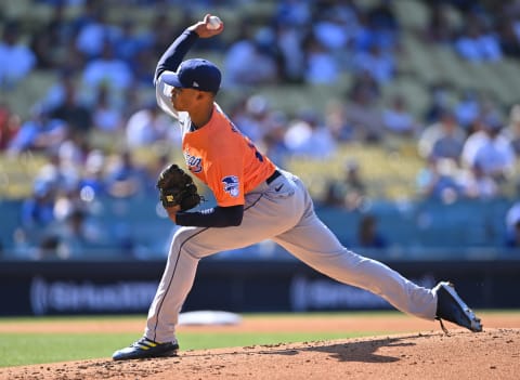 Jul 16, 2022; Los Angeles, CA, USA; American League Futures starting pitcher Bradley Taj (20) throws to the plate in the first inning of the All Star-Futures Game at Dodger Stadium. Mandatory Credit: Jayne Kamin-Oncea-USA TODAY Sports