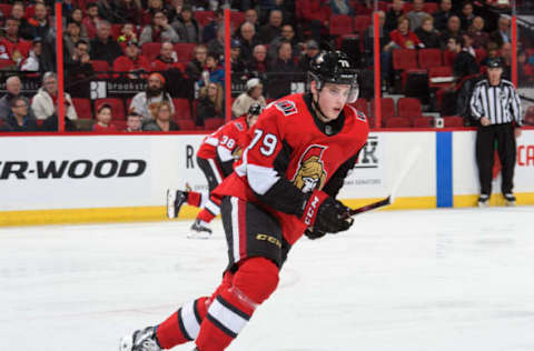 OTTAWA, ON – FEBRUARY 24: Drake Batherson #79 of the Ottawa Senators skates against the Calgary Flames at Canadian Tire Centre on February 24, 2019 in Ottawa, Ontario, Canada. (Photo by Matt Zambonin/NHLI via Getty Images)