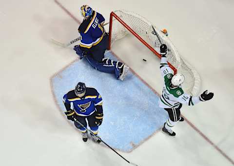 May 5, 2016; St. Louis, MO, USA; Dallas Stars left wing Patrick Sharp (10) celebrates after the game winning goal scored by Cody Eakin (not pictured) against St. Louis Blues goalie Brian Elliott (1) during the overtime period in game four of the second round of the 2016 Stanley Cup Playoffs at Scottrade Center. The Dallas Stars defeat the St. Louis Blues 3-2. Mandatory Credit: Jasen Vinlove-USA TODAY Sports