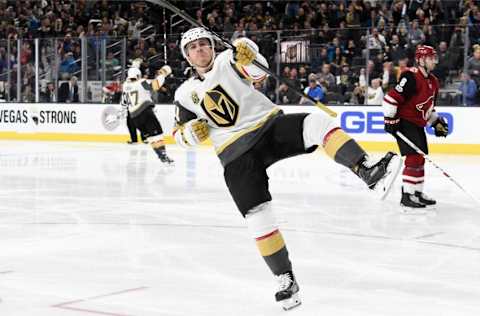 LAS VEGAS, NV – DECEMBER 3: Jonathan Marchessault #81 of the Vegas Golden Knights celebrates after scoring a goal against the Arizona Coyotes during the game at T-Mobile Arena on December 3, 2017, in Las Vegas, Nevada. (Photo by Jeff Bottari/NHLI via Getty Images)