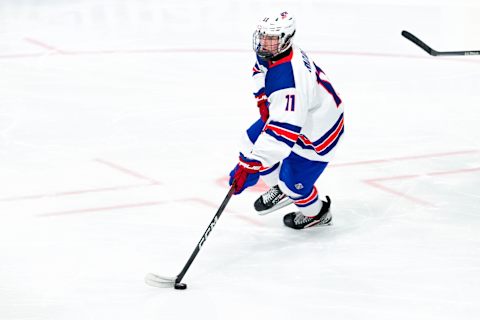 BASEL, SWITZERLAND – APRIL 30: Oliver Moore of United States in action during final of U18 Ice Hockey World Championship match between United States and Sweden at St. Jakob-Park at St. Jakob-Park on April 30, 2023 in Basel, Switzerland. (Photo by Jari Pestelacci/Eurasia Sport Images/Getty Images)