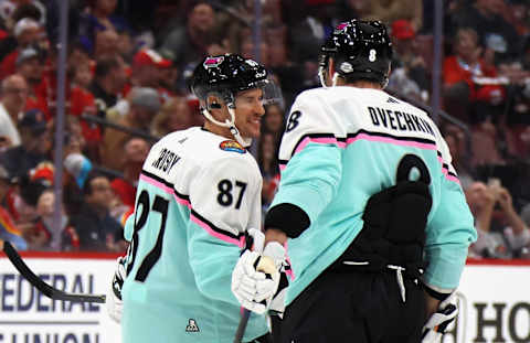 SUNRISE, FLORIDA – FEBRUARY 04: Alex Ovechkin and Sidney Crosby participate in the 2023 NHL All-Star Game at FLA Live Arena on February 04, 2023 in Sunrise, Florida. (Photo by Bruce Bennett/Getty Images)