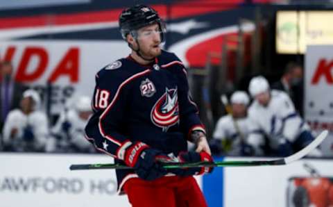 Jan 21, 2021; Columbus, Ohio, USA; Columbus Blue Jackets center Pierre-Luc Dubois (18) skates on the ice during a stop in play against the Tampa Bay Lightning at Nationwide Arena. Mandatory Credit: Aaron Doster-USA TODAY Sports