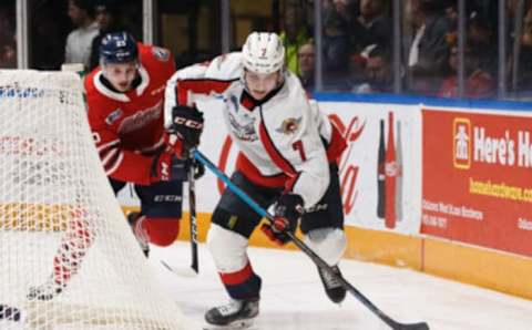 OSHAWA, ON – FEBRUARY 23: Tyler Angle #7 of the Windsor Spitfires skates with the puck during an OHL game against the Oshawa Generals at the Tribute Communities Centre on February 23, 2020 in Oshawa, Ontario, Canada. (Photo by Chris Tanouye/Getty Images)