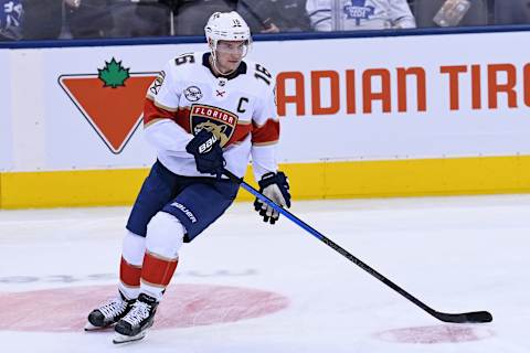 TORONTO, ON – DECEMBER 20: Florida Panthers Center Aleksander Barkov (16) in warmups prior to the regular season NHL game between the Florida Panthers and Toronto Maple Leafs on December 20, 2018 at Scotiabank Arena in Toronto, ON. (Photo by Gerry Angus/Icon Sportswire via Getty Images)