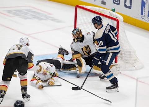 COLUMBUS, OH – NOVEMBER 05: Vegas Golden Knights goaltender Marc-Andre Fleury (29) attempts to cover the puck during the game between the Columbus Blue Jackets and the Vegas Golden Knights at Nationwide Arena in Columbus, Ohio on November 5, 2019. (Photo by Jason Mowry/Icon Sportswire via Getty Images)