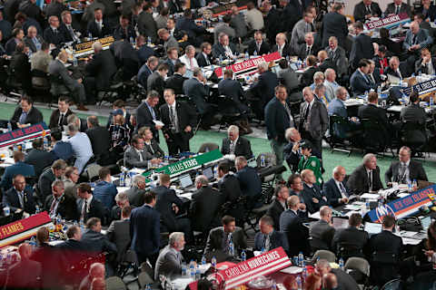 DALLAS, TX – JUNE 23: n overhead view of the draft floor during day two of the 2018 NHL Draft at American Airlines Center on June 23, 2018 in Dallas, Texas. (Photo by Glenn James/NHLI via Getty Images)