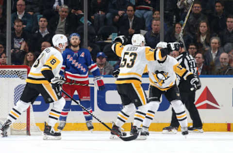 NEW YORK, NY – MARCH 25: Teddy Blueger #53 of the Pittsburgh Penguins reacts after scoring a goal in the second period against the New York Rangers at Madison Square Garden on March 25, 2019 in New York City. (Photo by Jared Silber/NHLI via Getty Images)