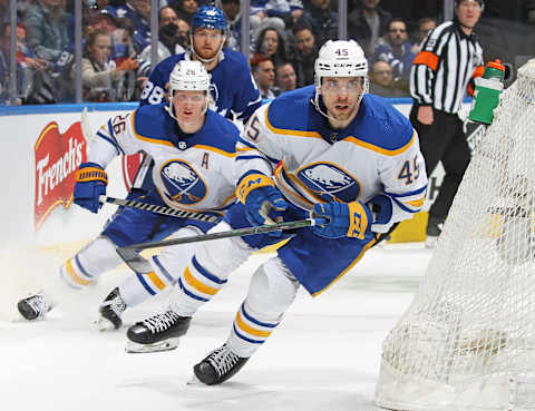 TORONTO, ON – APRIL 12: Casey Fitzgerald #45 of the Buffalo Sabres skates against the Toronto Maple Leafs during an NHL game at Scotiabank Arena on April 12, 2022 in Toronto, Ontario, Canada. The Sabres defeated the Maple Leafs 5-2. (Photo by Claus Andersen/Getty Images)