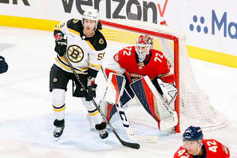 Tyler Bertuzzi #59 of the Boston Bruins looks for a pass in front of goaltender  (Photo by Joel Auerbach/Getty Images)