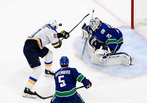 Jacob de la Rose of the St. Louis Blues is stopped by Jacob Markstrom.  (Photo by Jeff Vinnick/Getty Images)