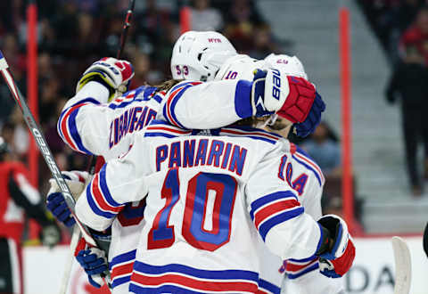 OTTAWA, ON – OCTOBER 5: Artemi Panarin #10 of the New York Rangers celebrates his third period power-play goal against the Ottawa Senators with team mate Mika Zibanejad #93 at Canadian Tire Centre on October 5, 2019 in Ottawa, Ontario, Canada. (Photo by Jana Chytilova/Freestyle Photography/Getty Images)