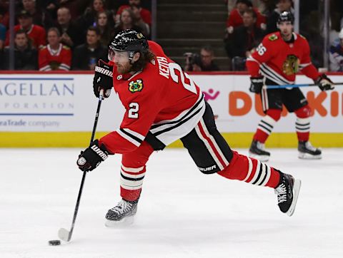 CHICAGO, ILLINOIS – FEBRUARY 19: Duncan Keith #2 of the Chicago Blackhawks shoots against the New York Rangers at the United Center on February 19, 2020 in Chicago, Illinois. The Rangers defeated the Blackhawks 6-3. (Photo by Jonathan Daniel/Getty Images)