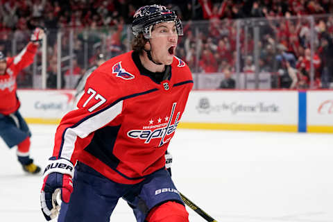 WASHINGTON, DC – JANUARY 05: T.J. Oshie #77 of the Washington Capitals celebrates after scoring a goal in the third period against the San Jose Sharks at Capital One Arena on January 5, 2020 in Washington, DC. (Photo by Patrick McDermott/NHLI via Getty Images)