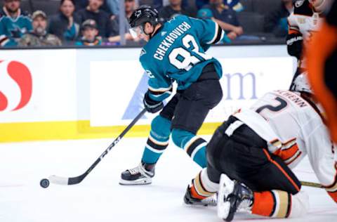 SAN JOSE, CA – SEPTEMBER 18: San Jose Sharks left wing Ivan Chekhovich (82) skates by a defender during the San Jose Sharks game versus the Anaheim Ducks on September 18, 2018, at SAP Center at San Jose in San Jose, CA. (Photo by Matt Cohen/Icon Sportswire via Getty Images)