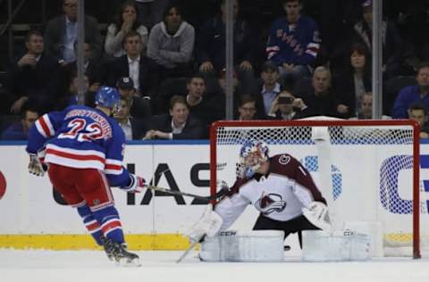 NEW YORK, NEW YORK – OCTOBER 16: Kevin Shattenkirk #22 of the New York Rangers celebrates his shootout goal against Semyon Varlamov #1 of the Colorado Avalanche at Madison Square Garden on October 16, 2018 in New York City. The Rangers defeated the Avalanche 3-2 in the shootout. (Photo by Bruce Bennett/Getty Images)