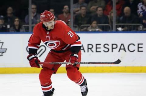 NEW YORK, NEW YORK – FEBRUARY 08: Nino Niederreiter #21 of the Carolina Hurricanes skates against the New York Rangers at Madison Square Garden on February 08, 2019 in New York City. The Hurricanes shut-out the Rangers 3-0. (Photo by Bruce Bennett/Getty Images)