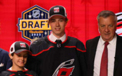 NASHVILLE, TENNESSEE – JUNE 28: Bradly Nadeau is selected by the Carolina Hurricanes with the 30th overall pick during round one of the 2023 Upper Deck NHL Draft at Bridgestone Arena on June 28, 2023 in Nashville, Tennessee. (Photo by Bruce Bennett/Getty Images)