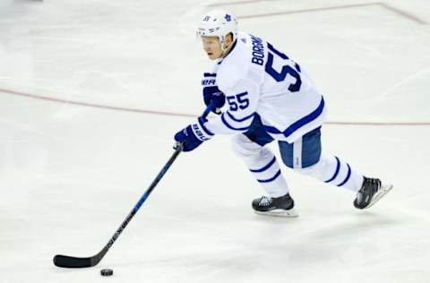 COLUMBUS, OH – DECEMBER 20: Toronto Maple Leafs defenseman Andreas Borgman (55) controls the puck during a game between the Columbus Blue Jackets and the Toronto Maple Leafs on December 20, 2017 at Nationwide Arena in Columbus, OH. The Blue Jackets defeated the Maple Leafs 4-2. (Photo by Adam Lacy/Icon Sportswire via Getty Images)