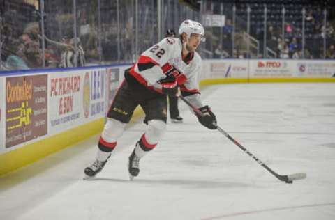 BRIDGEPORT, CT – MARCH 23: Logan Brown #22 of the Belleville Senators looks to pass during a game against the Bridgeport Sound Tigers at Webster Bank Arena on March 23, 2019 in Bridgeport, Connecticut. (Photo by Gregory Vasil/Getty Images)