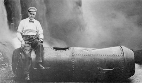 Bobby Leach poses with his barrel after his trip over Niagara Falls on July 25, 1911.