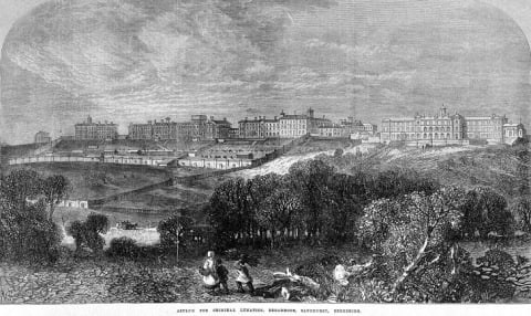 An 1867 illustration of the "Asylum for Criminal Lunatics, Broadmoor."