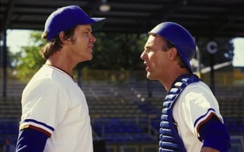 Tim Robbins and Kevin Costner face off in Bull Durham (1988).